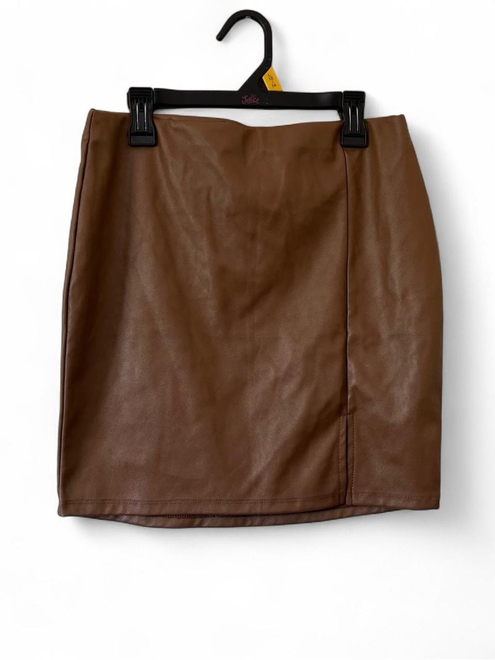 Juniors Large Faux Leather Brown Mini Skirt Side Slit Stretch Haley & June NWT